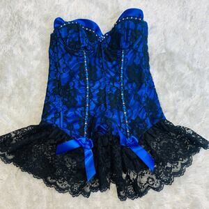 Fredericks of Hollywood Royal Blue Black Lace Bustier Corset Sz 32